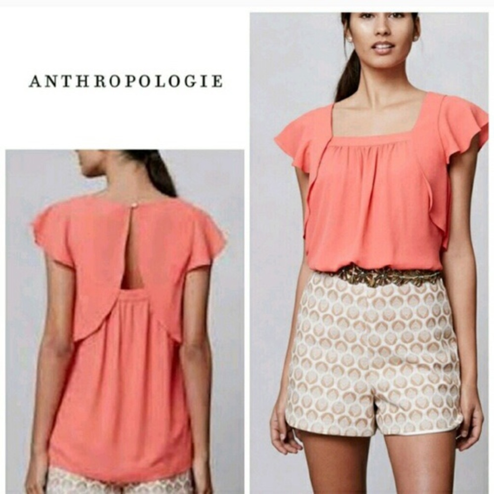 Anthropologie Coral Flutter Sleeve Blouse